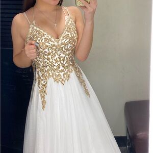 gold and white prom dress